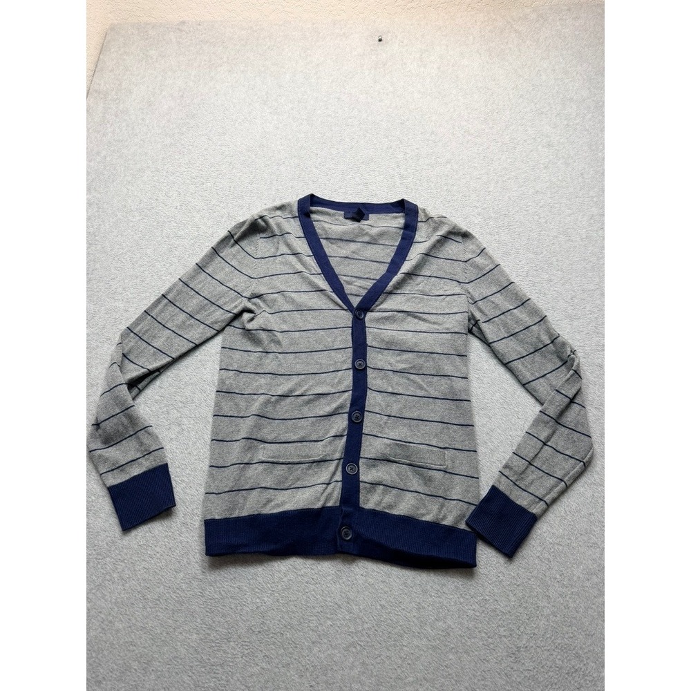 Gap Mens Cardigan Sweater Gray Navy Blue Striped V-Neck Button Front Small